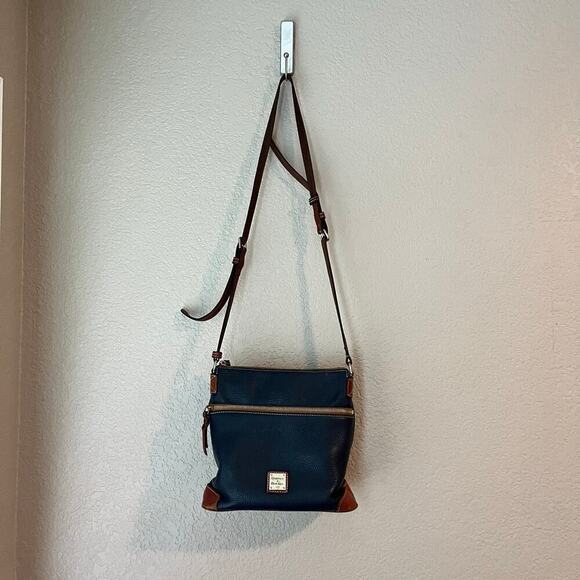 Dooney & Bourke Handbags - Dooney & Bourke Navy Brown Leather Crossbody Purse Bag Compartments Brass